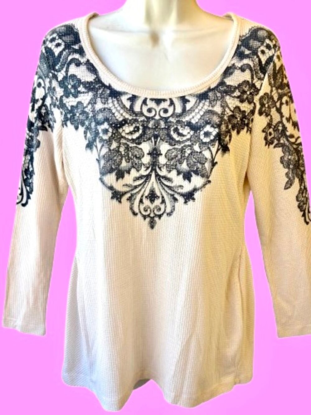 One World 'Live & Let Live' Long Sleeve Top BLING Peplum Back PL large